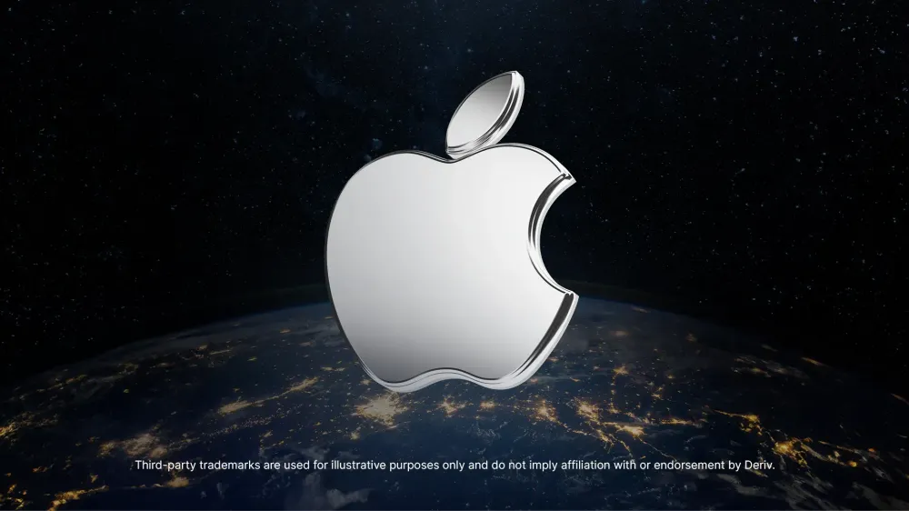 A metallic silver Apple logo floating above Earth, with the planet’s night lights visible below and a star-filled space background.